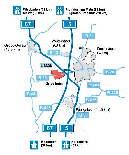 Ansicht der Lage Griesheims mit Autobahnanbindungen  